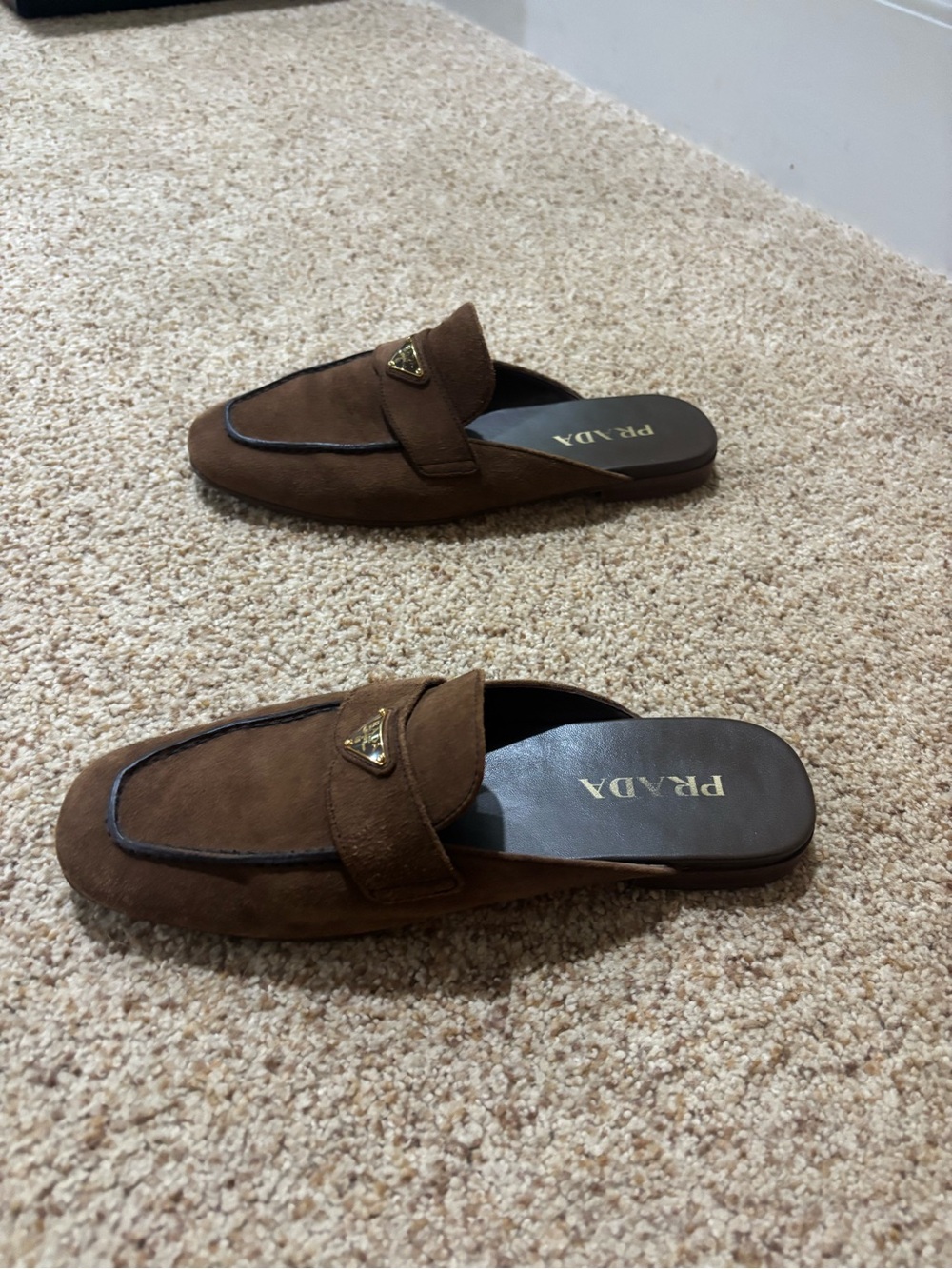 Prada Brown Suede Backless Loafer Mules with Gold Logo - Picture 5 of 8